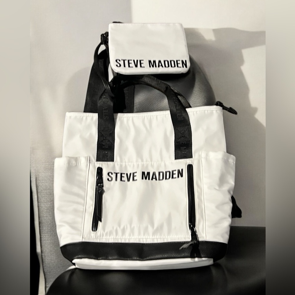 Steve Madden Btheda White with Black Logo Straps Backpack & Bag.